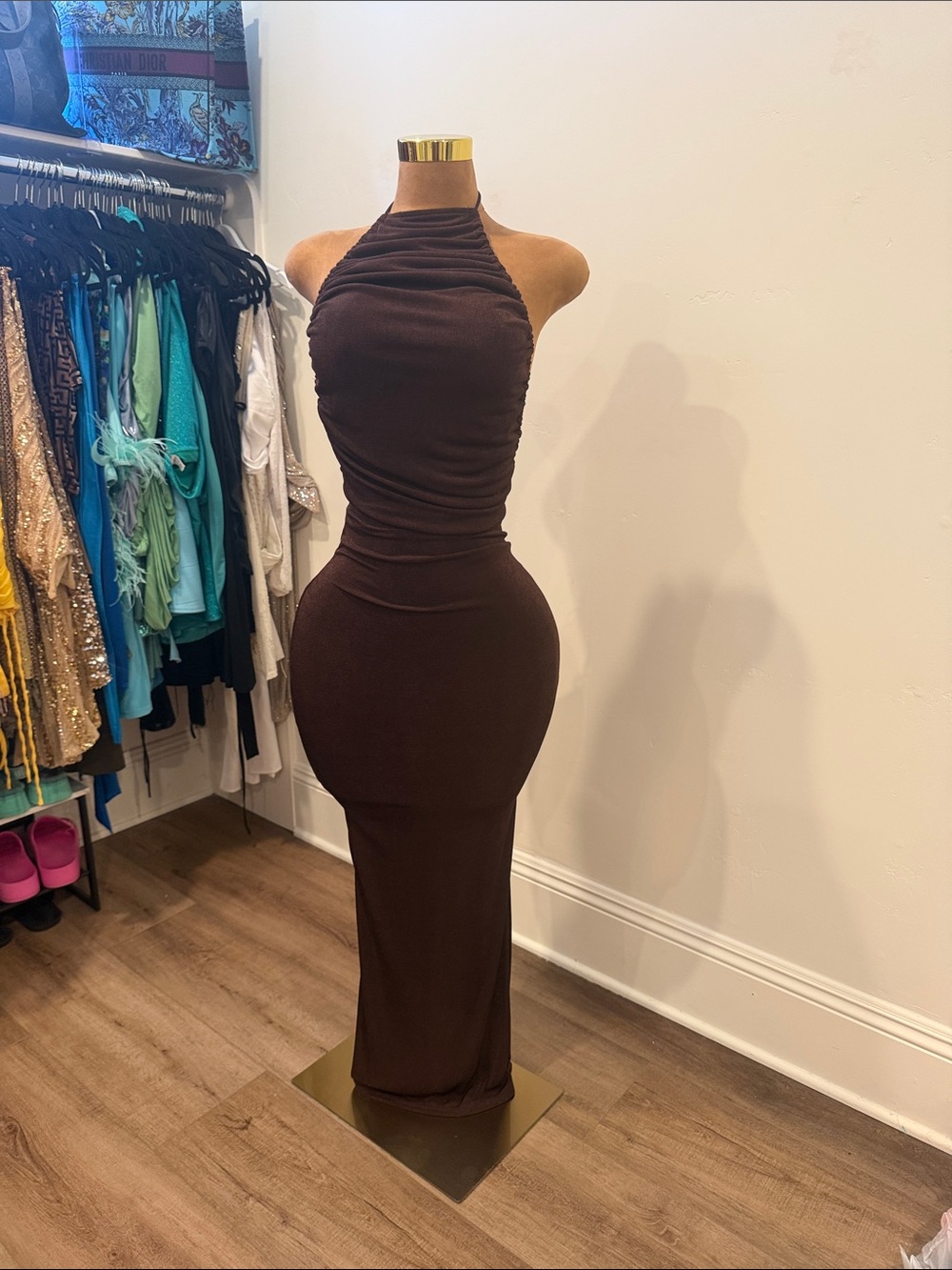 Fashion Nova One-Shoulder Ruched Bodycon Maxi Dress - Chocolate Brown
